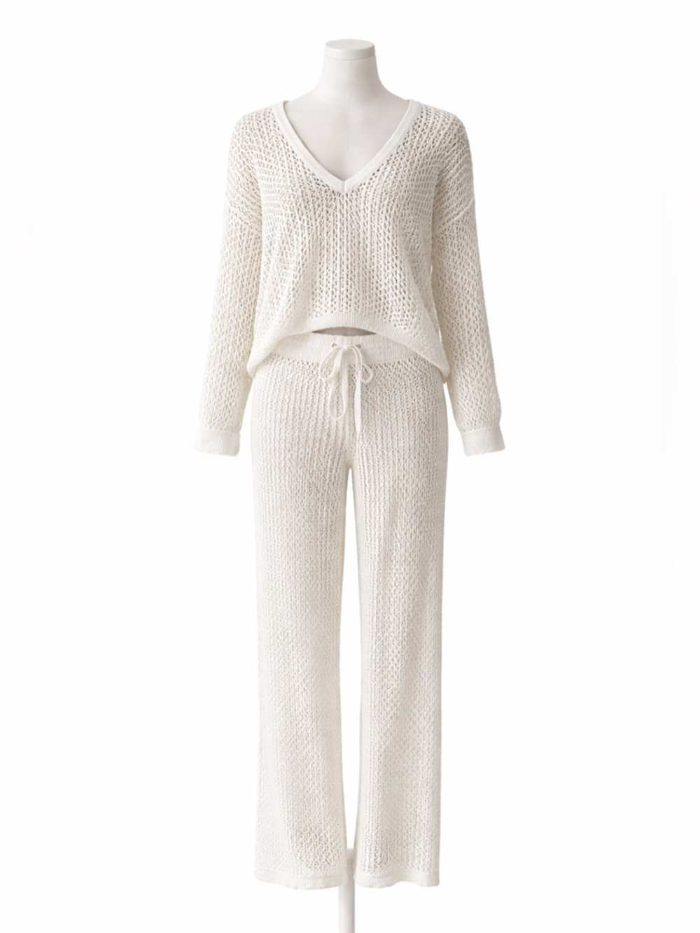 Amazon White Crochet Beach Coverup Set - V-Neck Top & Drawstring Pants